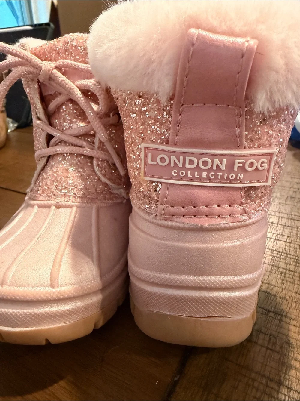London Fog Kids Pink Glitter Faux Fur Rain & Snow Boots